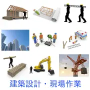 住宅の骨組み、設計図と鉛筆、資材を運ぶ作業員、高層ビル群、救急搬送の様子、クレーン作業など、建築現場の進捗状況や労働安全を含む3Dイラストセット。