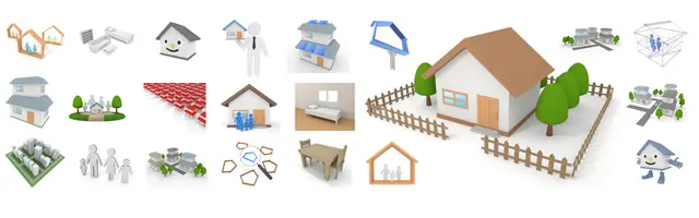 手のひらに家を乗せる男性や虫眼鏡で物件を探す様子、寄り添う家族、家具が配置された部屋、ビルが並ぶ街並み、ソーラーパネル付き住宅、笑顔の家のキャラクターなど、住宅購入やマイホーム生活をイメージした3Dイラストセット。