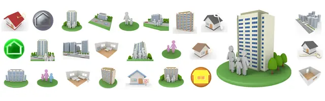 高層マンションの前に立つ家族や家具が配置された部屋の俯瞰図、鍵と家、売出し中の看板、「FOR SALE」の文字、コインのような家のアイコンなど、マンション購入や賃貸契約、マイホームでの新生活を表現した不動産イラストセット。