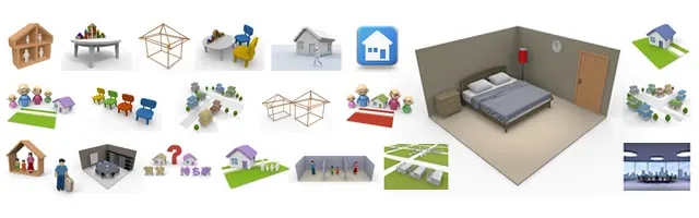 「新築」「不動産」の立体文字やリボンが掛けられた家、鍵と錠前、内見を待つ椅子、ベッドのある寝室、会議室、家の骨組み、街路樹のある住宅街など、新築マイホームの購入契約や内覧、引越し準備を表す3Dイラストセット。