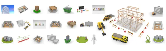 家具が配置された室内や買い物かご、案内する男性、老夫婦、地震で倒壊するビル、建設中の鉄骨やショベルカー、トラックなど、リフォームや住生活の日常、住宅にまつわる災害リスクと建設現場を描いた不動産イラストセット。