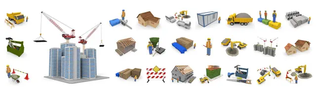 コンクリートミキサーや資材の運搬、積み上げられた土管、大型クレーンとビル建設、プレハブ小屋、ショベルカー、建築中の木造住宅など、工事現場で働く作業員や重機、建築プロセスを網羅した建築イラスト素材。