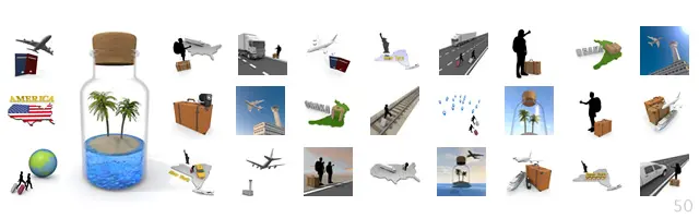 瓶に入った南の島、飛行機とパスポート、ニューヨークの自由の女神、地図、線路を歩く人、ヒッチハイク、空港の管制塔など、移動と目的地を表現した旅行イラスト詰め合わせ。会員登録なしで使える商用OKの無料素材です。