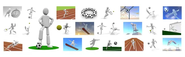 サッカーのシュートやドリブル、テニスのラリー、陸上のハードルと短距離走、スノボのジャンプ、水泳のスタートなど、躍動感あふれるスポーツシーンの3Dキャラクター無料イラスト素材セット。商用利用OKです。