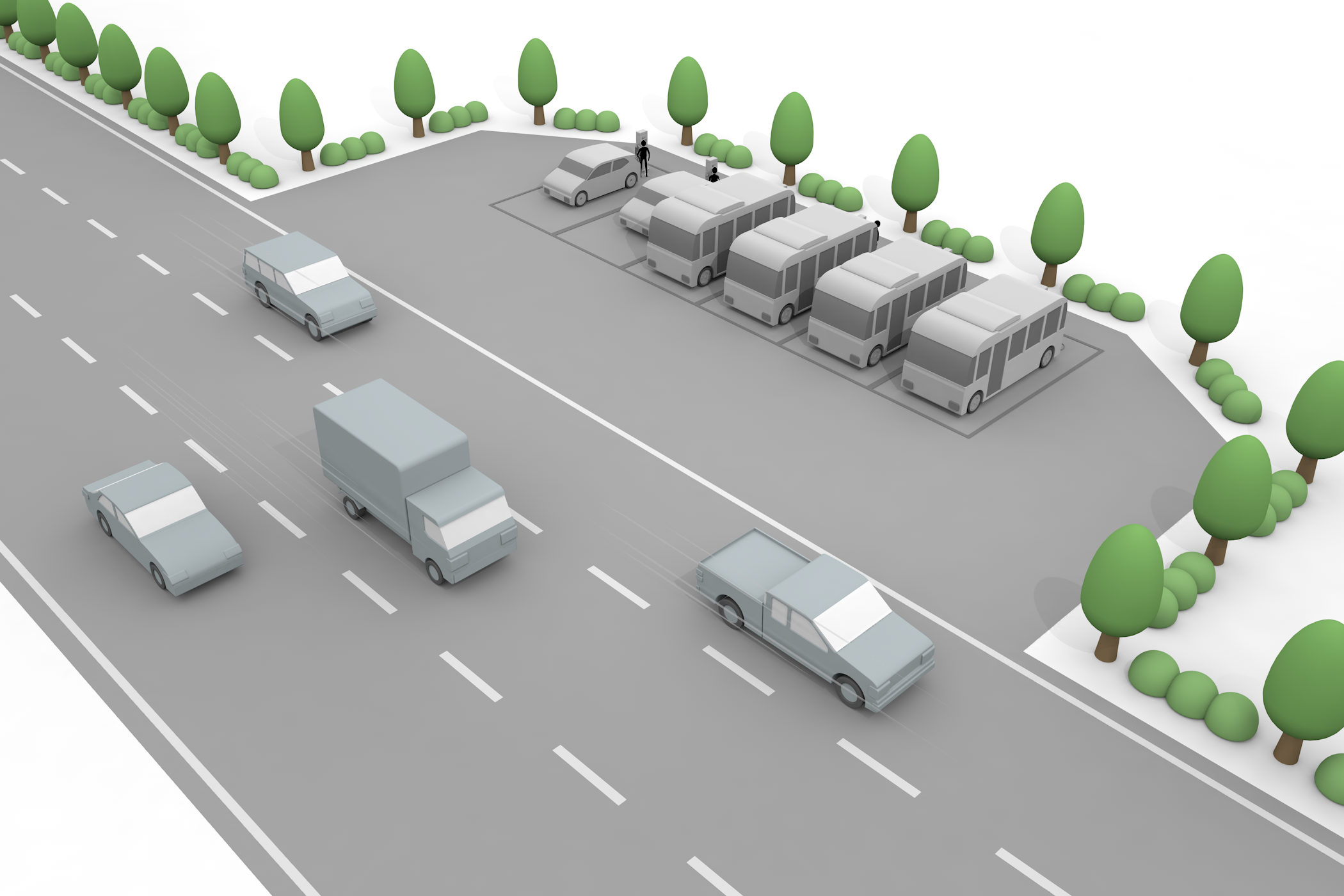 ガソリン車のようなエンジン/高速道路/EVの燃料は電気 - イラスト/3Dレンダリング/フリー素材/商用使用OK