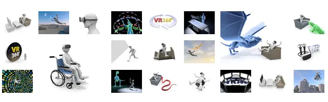 VRゴーグルを装着した多様な体験のイラスト集。ゲーム、スカイダイビング、ファンタジー世界、車椅子での仮想旅行、恐竜学習など、仮想現実が広げるエンタメや教育活用を描写。