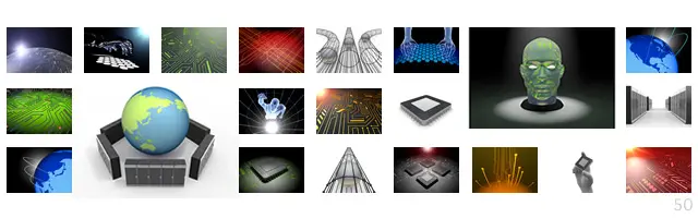 高度情報化社会とITインフラのイラスト集。CPUや回路基板、サーバー室、人工知能（AI）、地球規模のネットワーク通信、サイバー空間など、デジタル技術の概念を表現。