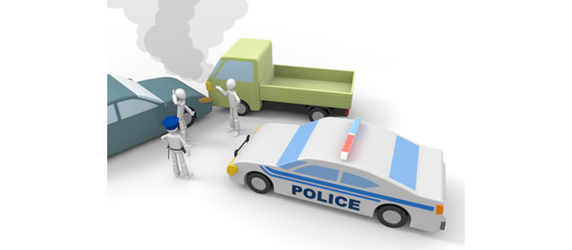 事故現場 - 警察官 - パトカー - 運転/あおり/ハンドル/ドライバー/危険/事故/イラスト/3Dレンダリング