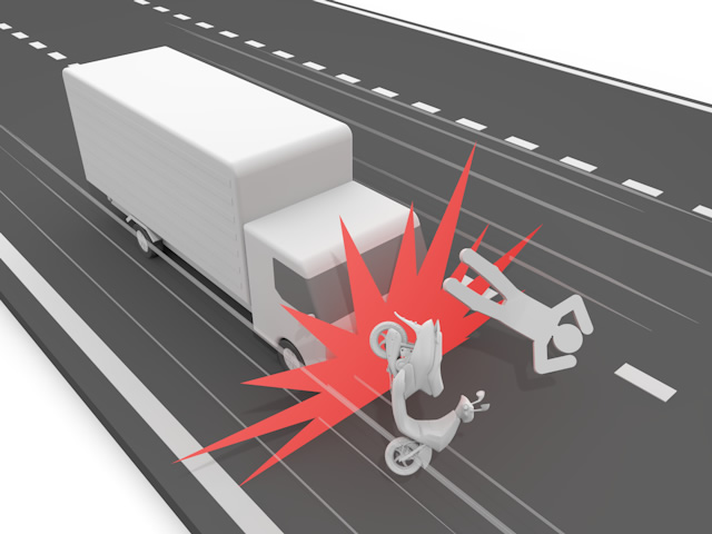 バイク事故｜違反｜トラック - 運転/あおり/ハンドル/ドライバー/危険/事故/イラスト/3Dレンダリング