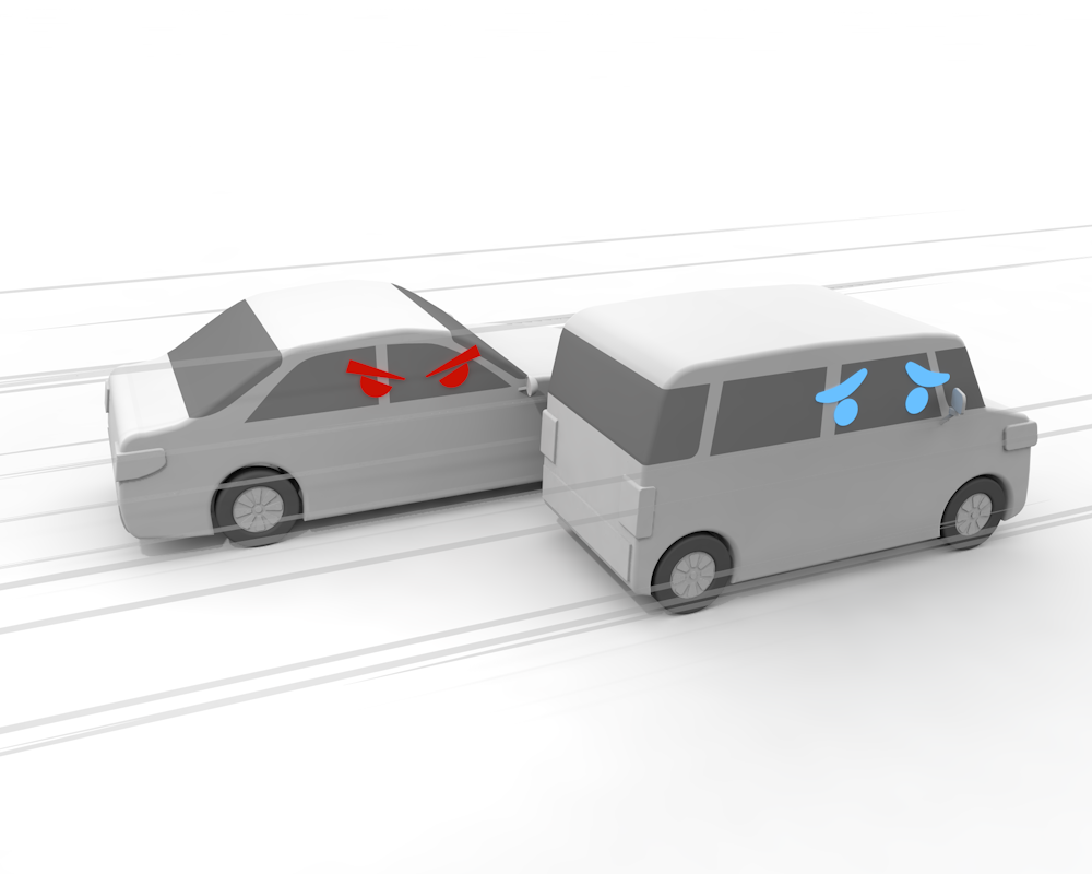 車間距離保持義務違反/進路変更禁止違反 - 運転/あおり/ハンドル/ドライバー/危険/事故/イラスト/3Dレンダリング