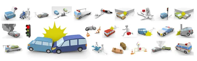 故障車やレッカー移動、車と歩行者・自転車の接触、バイク転倒、壁や電柱への激突、正面衝突など多様な交通事故の3Dイラストセット。負傷者の救護やAED使用、警察車両の到着、道路陥没や工事現場も網羅し、事故現場の状況を詳細に伝えます。
