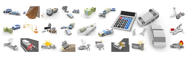 車両火災や崖からの転落、土砂崩れや落石、橋の崩落など災害級の事故を含む3Dイラスト詰め合わせ。横転した車やトラック、バイク事故の他、損害賠償や保険金をイメージさせる電卓と事故車のシーンもあり、深刻なトラブルの表現に最適です。