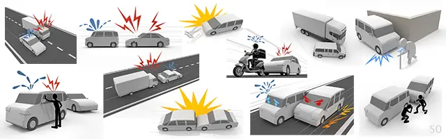 追突や出会い頭の衝突、トラックの巻き込み、ドア開放による接触など、運転中のヒヤリハットや事故瞬間の3Dイラスト集。あおり運転や車間距離の詰め過ぎ、バイクのすり抜けや歩行者との事故など、具体的で危険な交通トラブルを表現しています。