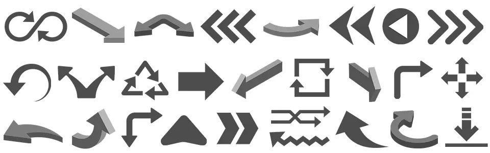 無限ループ、立体的な方向指示、リサイクル、再生ボタン、シャッフル、ダウンロード、Uターン、十字方向など、多様な動作と形状を持つグレーの矢印アイコンセット。3Dやフラットなデザインが含まれ、Web制作やUIデザインに最適なベクター素材一覧。