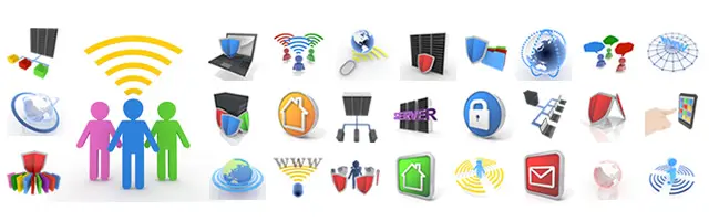 Wi-Fi電波の下に集まる人々、盾で保護されたサーバーとノートPC、地球規模で繋がる通信網、チャットやメールのアイコンなど、インターネット接続とセキュリティ対策を表現した3Dアイコンセット。ネットワーク構築やデジタル通信の安全性をイメージさせる素材集。
