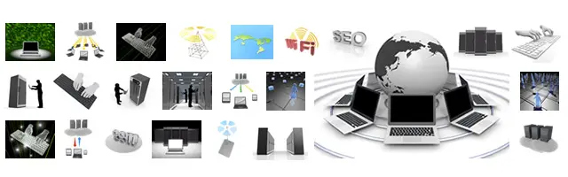 クラウドサーバーとのデータ送受信、キーボードを操作する手元、巨大な地球とPCをつなぐネットワーク、基地局、日本地図など、高度なITインフラとシステム管理を描いた3Dイラスト。ビジネスやSEO対策、データセンターの保守管理の現場に最適な素材。