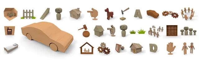 中央の大きな木製の車をはじめ、柵、階段、家、指差す手、木馬、ハンマーと釘、アルファベット、歯車、円陣を組む人々、ベッド、裁判の木槌、本棚、会話する人など。DIYや住まい、コミュニティを表現した木目調3Dイラスト素材の詰め合わせ。