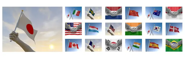 日本国旗を掲げる手や、日米・日中・日韓などの国旗が交差する友好シーン、各国旗を背景にしたビジネスマンの握手を描いた3Dイラスト集。国家間のパートナーシップ、外交、国際ビジネスの成功を象徴するシーンが豊富に揃っています。