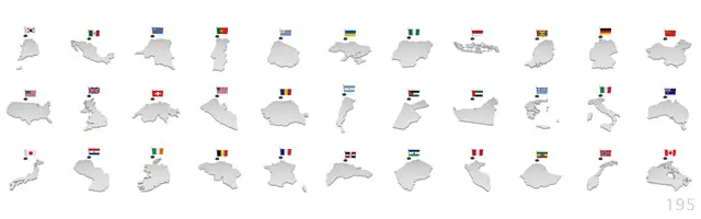 世界各国の国土の形をした立体的な白地図に、それぞれの国旗のピンを立てた3Dアイコン素材集。日本、米国、英国、中国、ブラジル、オーストラリアなどの主要国が含まれ、各国の地理的な位置や存在感を示すプレゼン資料や地図作成に最適です。