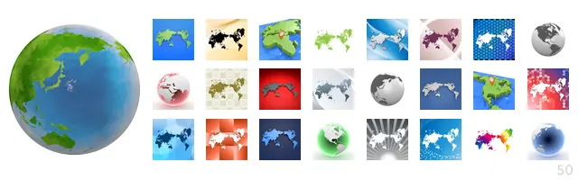 アジア・太平洋地域を中心とした地球儀や、ドット柄、シルエット、幾何学模様など多彩なデザインの世界地図イラストセット。グローバルなネットワークや環境問題、国際ニュースの背景素材として使いやすい、様々なアングルの3D地図素材です。