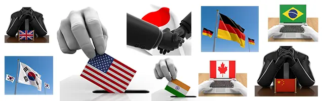 米国やインドの国旗を用いた投票箱への投票、日本や中国との外交的な握手、ドイツやカナダの国旗が表示されたPC操作など、国際政治やビジネス交流を描いたシーン集。選挙報道や国際ニュースのアイキャッチとして使える高品質な3Dイラストです。